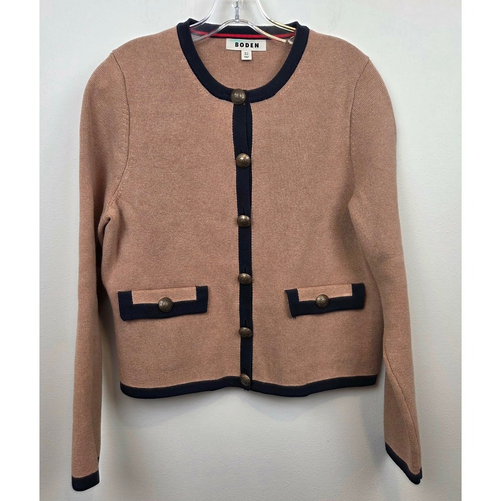 Boden Holly Knitted Jacket Camel Navy Blue Cardigan Sweater Preppy Womens US 10 - Picture 4 of 13